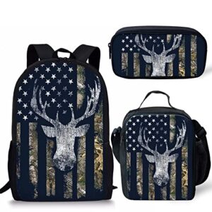 howanight american flag camo deer hunting backpack for girls boys primary school bag+lunch box+pencil holder set