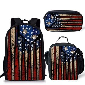 howanight american flag baseball pattern kids backpack for boys primary school bag bookbag/lunch box/pencil holder set