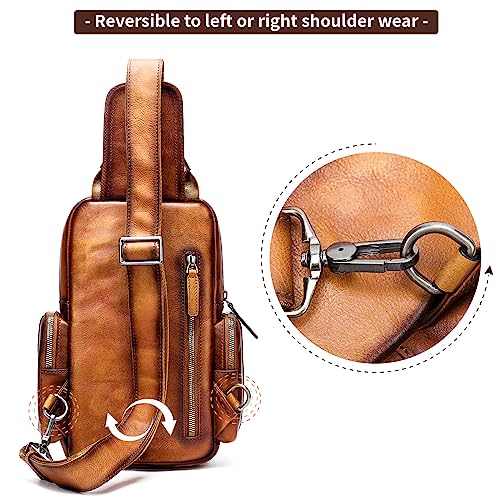 NIUCUNZH Genuine Leather Sling Bag Vintage Handmade Crossbody Bags Shoulder Backpack Hiking Daypack Travel Pack Brown