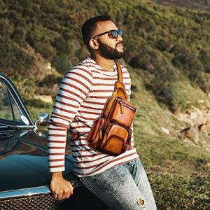 NIUCUNZH Genuine Leather Sling Bag Vintage Handmade Crossbody Bags Shoulder Backpack Hiking Daypack Travel Pack Brown