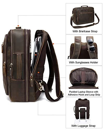 Taertii 2 in 1 Vintage Expandable Leather Backpack For Men, Large Shoulder Crossbody Briefcase Work Travel Hiking Rucksack fits 16" Laptop