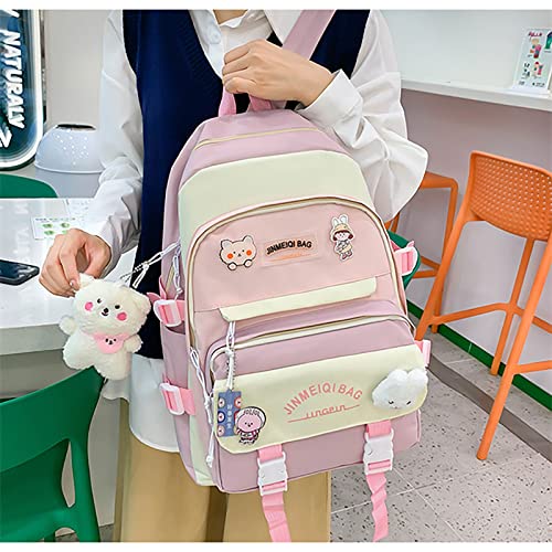 TUDERE Kawaii backpack set of 5 pieces aesthetic backpack for school teenage girls' daily necessities with charm and pins, pencil case, tote bag, small bag.