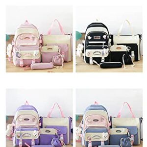 TUDERE Kawaii backpack set of 5 pieces aesthetic backpack for school teenage girls' daily necessities with charm and pins, pencil case, tote bag, small bag.