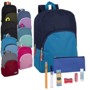 trail maker 24 pack bulk backpacks with school supplies for kids, 15 inch bulk backpacks with 12 piece wholesale school supply kits (mixed set)