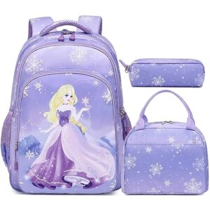 princess backpacks for elementary school girls, 3 in 1 purple schoolbag set with lunch box pencil pouch cute bookbag with chest strap for toddler preschool kindergarten elementary kids girls