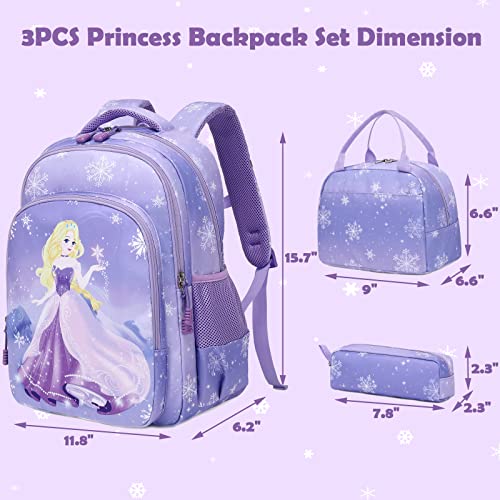 Princess Backpacks for Elementary School Girls, 3 in 1 Purple Schoolbag Set with Lunch Box Pencil Pouch Cute Bookbag with Chest Strap for Toddler Preschool Kindergarten Elementary Kids Girls