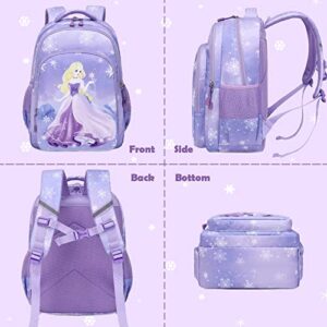 Princess Backpacks for Elementary School Girls, 3 in 1 Purple Schoolbag Set with Lunch Box Pencil Pouch Cute Bookbag with Chest Strap for Toddler Preschool Kindergarten Elementary Kids Girls