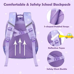 Princess Backpacks for Elementary School Girls, 3 in 1 Purple Schoolbag Set with Lunch Box Pencil Pouch Cute Bookbag with Chest Strap for Toddler Preschool Kindergarten Elementary Kids Girls