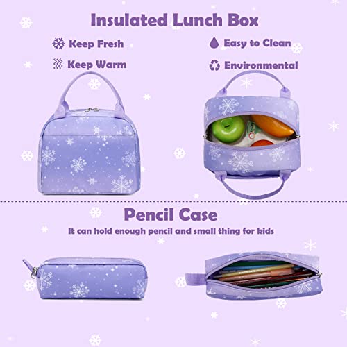 Princess Backpacks for Elementary School Girls, 3 in 1 Purple Schoolbag Set with Lunch Box Pencil Pouch Cute Bookbag with Chest Strap for Toddler Preschool Kindergarten Elementary Kids Girls