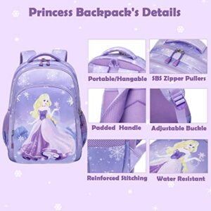 Princess Backpacks for Elementary School Girls, 3 in 1 Purple Schoolbag Set with Lunch Box Pencil Pouch Cute Bookbag with Chest Strap for Toddler Preschool Kindergarten Elementary Kids Girls