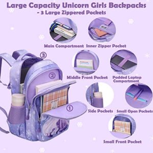Princess Backpacks for Elementary School Girls, 3 in 1 Purple Schoolbag Set with Lunch Box Pencil Pouch Cute Bookbag with Chest Strap for Toddler Preschool Kindergarten Elementary Kids Girls