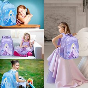 Princess Backpacks for Elementary School Girls, 3 in 1 Purple Schoolbag Set with Lunch Box Pencil Pouch Cute Bookbag with Chest Strap for Toddler Preschool Kindergarten Elementary Kids Girls