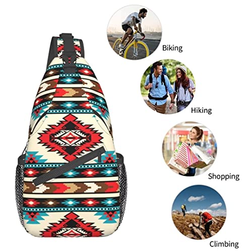 Tribal Aztec Geometric Pattern Sling Bag Crossbody Backpack Native American Ethnic Tribal Southwest Stripe Red Gym Travel Hiking Daypack Navajo Print Chest Bag Shoulder Bag for Women Men