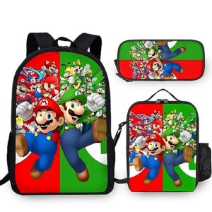 bizzico 3pcs set game backpack with lunch box, cartoon laptop bag with lunch bag, stylish daypack classic 17inch shoulders backpack