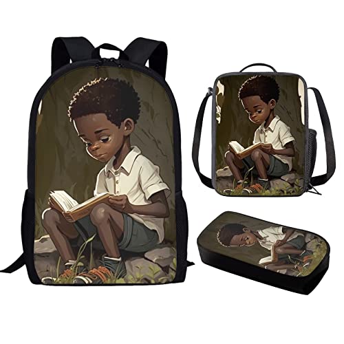 ZOUTAIRONG African Boy Backpack and Lunch Box Set Elementary School Bag American Afro Boys Book Bags for 2Nd/3Rd/4Th/5Th Grade Kids Pencil Case