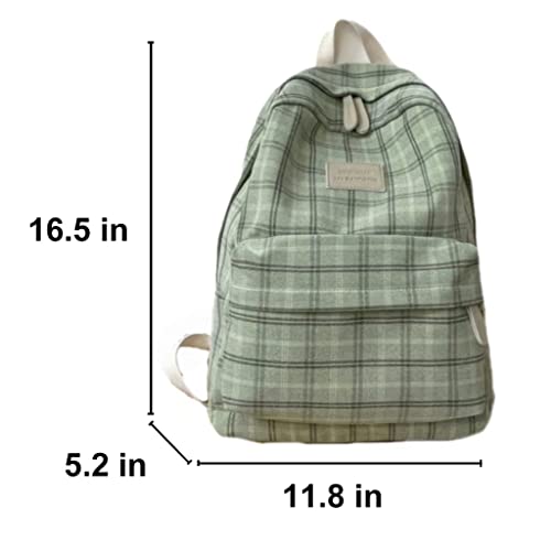 MININAI Light Academia Backpack Aesthetic Plaid Preppy Laptop Backpack Checkered Rucksack for College Travel Work (One Size,Sage Green)