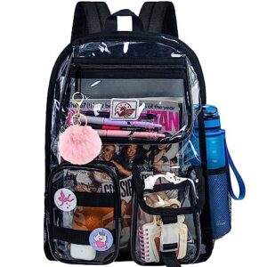 clear backpack, heavy duty transparent bookbag for girls women, cute school see through backpacks for teens elementary - black