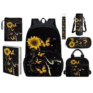 hellhero sunflower cat backpack for girls 10-12 years old with lunch boxes kids school bag preschool elementary middle school bookbag book cover pencil purse water bottle sleeve