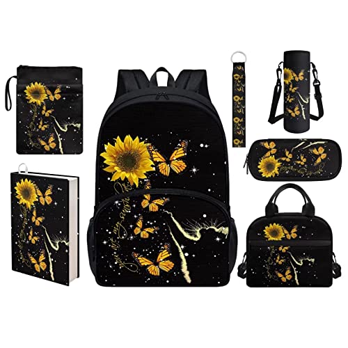 HELLHERO Sunflower Cat Backpack for Girls 10-12 Years Old with Lunch Boxes Kids School Bag Preschool Elementary Middle School Bookbag Book Cover Pencil Purse Water Bottle Sleeve