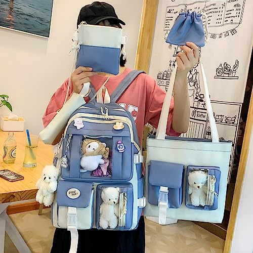 pdghiue 5-Piece Aesthetic Kawaii Backpack Set with Kawaii Pin and Pendants Accessories, Nylon Material | Durable & Adorable