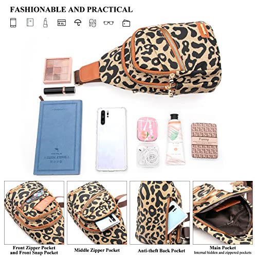 Long Keeper Crossbody Sling Bag for Women Leopard Print Travel Chest Bag Small Hiking Cycling Waterproof Shoulder Backpack (Single Zipper)