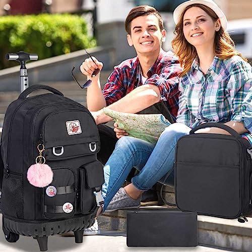 CCJPX Rolling Backpack for Girls Women, 21 inch Roller Wheels School Bookbag, Wheeled Suitcase Backpacks with Lunch Bag for Teen - Black