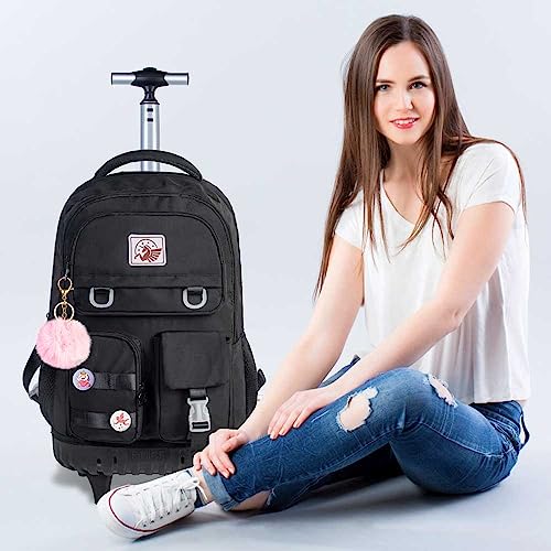 CCJPX Rolling Backpack for Girls Women, 21 inch Roller Wheels School Bookbag, Wheeled Suitcase Backpacks with Lunch Bag for Teen - Black