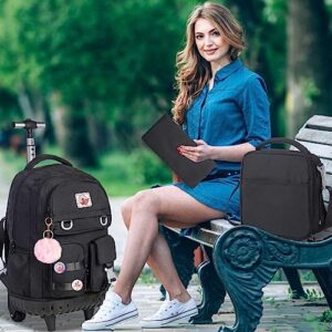 CCJPX Rolling Backpack for Girls Women, 21 inch Roller Wheels School Bookbag, Wheeled Suitcase Backpacks with Lunch Bag for Teen - Black