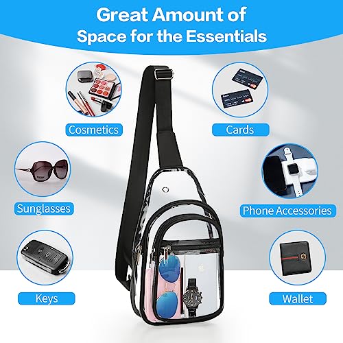 HAOGUAGUA Clear Sling Bag, Clear Crossbody Bag Stadium Approved, Transparent Chest Daypack for Hiking, Stadium or Concerts (Black)