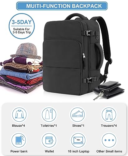 Beraliy Large Travel Backpack, Personal Item Bag for Airlines, Carry On Luggage, Hiking Backpack,Laptop Backpack, Lightweight College Work Gym Weekender Bag Men Women, Black