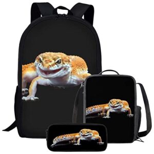 Modysero Large Capacity Boys Backpack Set Durable Lightweight Casual School Backpack for Teens Wild Animal Geckos Print Backpacks Reusable Portable Lunch Bag Girls Backpack for Elementary School