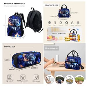 Starry Sky Wolf Durable College Backpack Utility Unique Art Painted Tote Backpack for Women Men School Supplies Portable Lunch Bag for Vacation Portable Pencil Pouch for Students Claim Tag 4 in 1