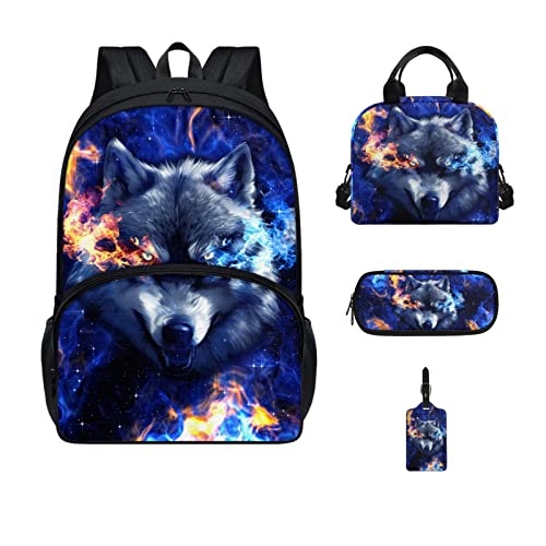 Starry Sky Wolf Durable College Backpack Utility Unique Art Painted Tote Backpack for Women Men School Supplies Portable Lunch Bag for Vacation Portable Pencil Pouch for Students Claim Tag 4 in 1