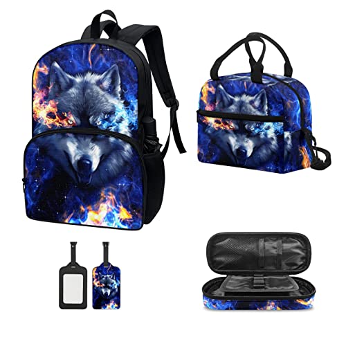 Starry Sky Wolf Durable College Backpack Utility Unique Art Painted Tote Backpack for Women Men School Supplies Portable Lunch Bag for Vacation Portable Pencil Pouch for Students Claim Tag 4 in 1