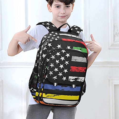 Glaphy American Flag Police Firefighter Backpack School Bag Lightweight Laptop Backpack Student Travel Daypack with Reflective Stripes