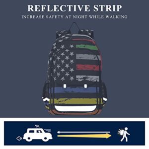 Glaphy American Flag Police Firefighter Backpack School Bag Lightweight Laptop Backpack Student Travel Daypack with Reflective Stripes