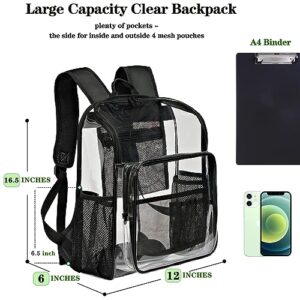 KUI WAN Clear Backpacks for School Large Clear Bookbag with Multi-Pockets PVC Transparent Backpack for College,Work,Black