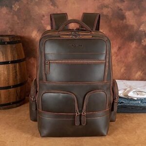 Polare Full Grain Leather 17.3 Inch Laptop Backpack 29L Large Business Overnight Weekender Rucksack Vintage Multi Pockets Travel Computer Bag