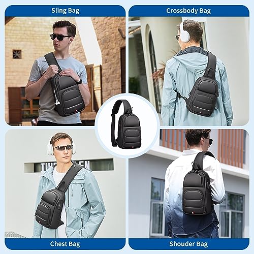 Fenree.geer Crossbody Sling Bag for Men Women, Anti-Theft Lightweight Small Backpack Shoulder Bag, Waterproof Men's Chest Bag for Travel Hiking Walking Biking Cycling USB Port, Black Casual Daypack