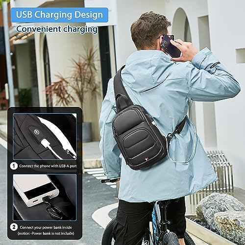 Fenree.geer Crossbody Sling Bag for Men Women, Anti-Theft Lightweight Small Backpack Shoulder Bag, Waterproof Men's Chest Bag for Travel Hiking Walking Biking Cycling USB Port, Black Casual Daypack