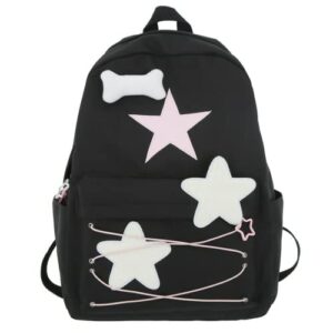 mininai preppy backpack cute stars pattern korean style backpack aesthetic college backpack for work travel (one size,black)