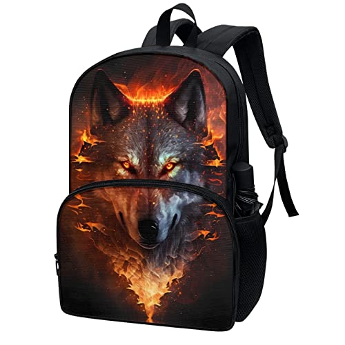 PORCLAY Fire Wolf Backpack for Kids Boys Girls Elementary Preschool Bookbag Kawaii Aesthetic Preppy Book Bag Vintage Laptop Daypack Rucksack