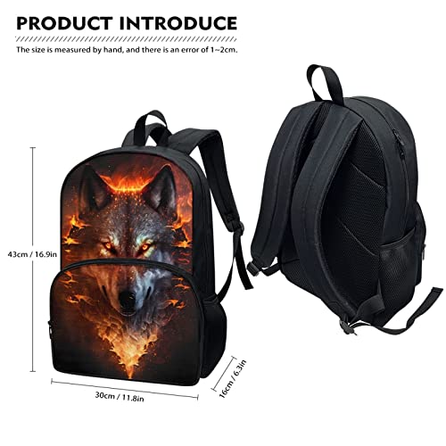 PORCLAY Fire Wolf Backpack for Kids Boys Girls Elementary Preschool Bookbag Kawaii Aesthetic Preppy Book Bag Vintage Laptop Daypack Rucksack