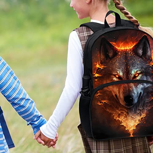 PORCLAY Fire Wolf Backpack for Kids Boys Girls Elementary Preschool Bookbag Kawaii Aesthetic Preppy Book Bag Vintage Laptop Daypack Rucksack