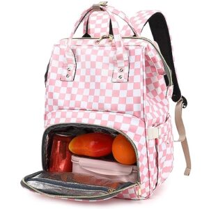 dezcrab checkered lunch backpack for women girls, insulated cooler backpack laptop backpack school backpack bookbag nurse work backpacks (pink)