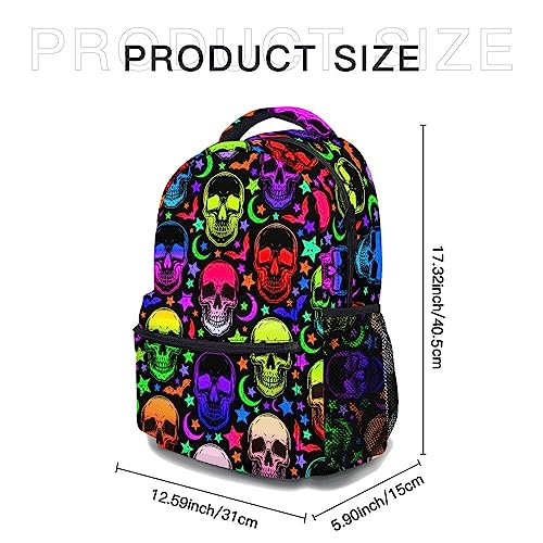 oallpu Colorful Skull Backpack, Stylish Shoulders Backpack Lightweight Durable Skull Daypack Cool Laptop Bag, 17inch Classic Backpack (Colorful Skull)