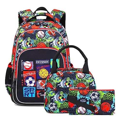 Dorlubel Lightweight Rugby Backpack for Boys School Bag with Insulated Lunch Tote & Pencil Case Preschool Kindergarten Elementary Book Bag Set(Black Rugby Set)