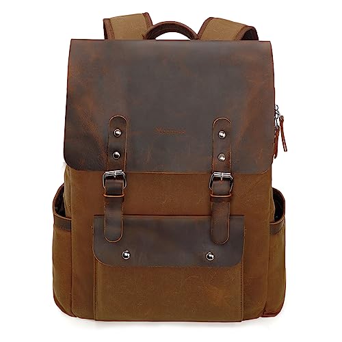 Modoker Waxed Canvas Backpack, Leather Rucksack Knapsack for Men Woman Satchel Backpack, Vintage Travel Laptop Backpack 15.6 Inch Retro Flap Backpacks Canvas Carry On Casual Bookbag Daypack Brown