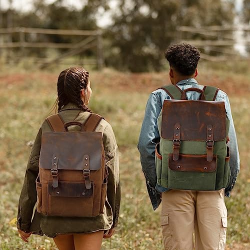 Modoker Waxed Canvas Backpack, Leather Rucksack Knapsack for Men Woman Satchel Backpack, Vintage Travel Laptop Backpack 15.6 Inch Retro Flap Backpacks Canvas Carry On Casual Bookbag Daypack Brown