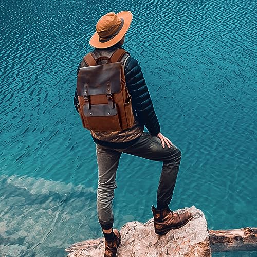 Modoker Waxed Canvas Backpack, Leather Rucksack Knapsack for Men Woman Satchel Backpack, Vintage Travel Laptop Backpack 15.6 Inch Retro Flap Backpacks Canvas Carry On Casual Bookbag Daypack Brown